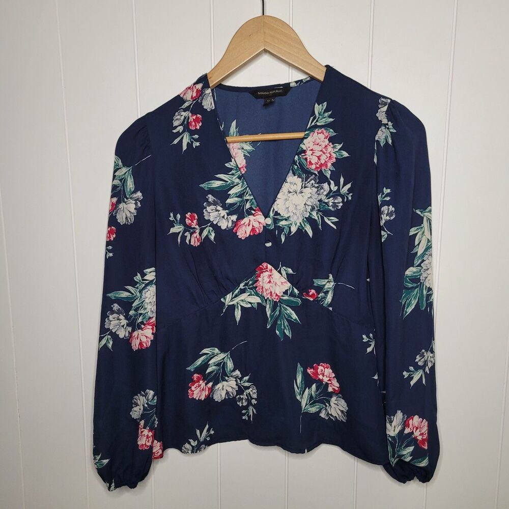 Banana Republic Womens Top Size Small Petite Blue Floral Boho Peplum